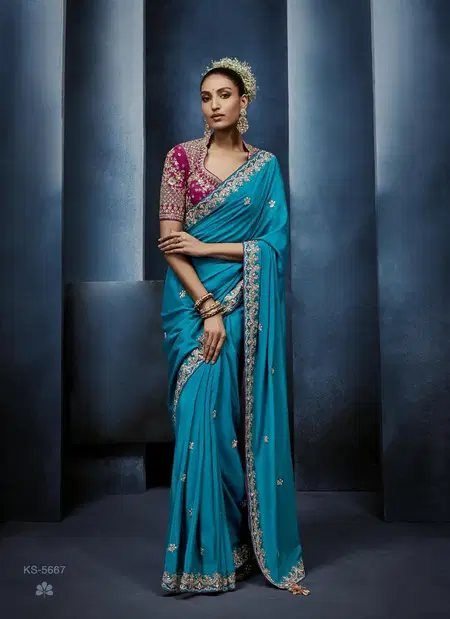 Sky Blue Colour Masakali Vol 15 By Kimora Pure Fancy Embroidery Work Designer Saree Ks 5667